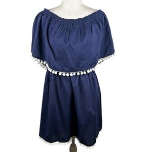 Mud Pie Navy Boho Summer Spring Casual Ball Tassel Ruffle Neck Dress Size Large